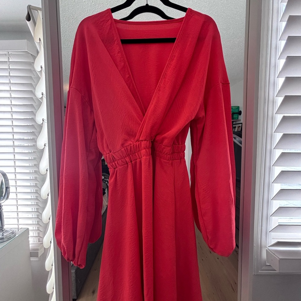 Bright Orange V-Neck Long Sleeve Dress